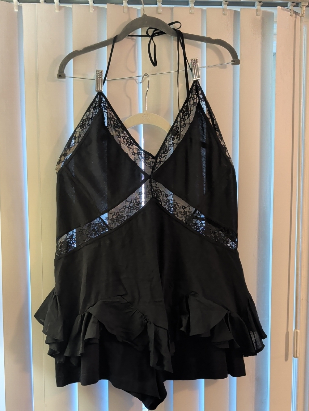 Anthropologie Black Lace-Accent Halter Romper, Large